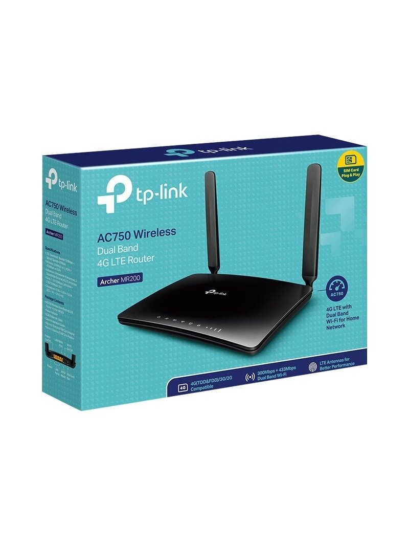 4G LTE Router | Archer MR200 | 802.11ac | 300+433 Mbit/s | 10/100 Mbit/s | Ethernet LAN (RJ-45) ports 3 | Mesh Support No | MU-MiMO No | 4G | Antenna type 2xDetachable antennas 4 4G LTE Router | Archer MR200 | 802.11ac | 300+433 Mbit/s | 10/100 Mbit/s | Ethernet LAN (RJ-45) ports 3 | Mesh Support No | MU-MiMO No | 4G | Antenna type 2xDetachable antennas 4