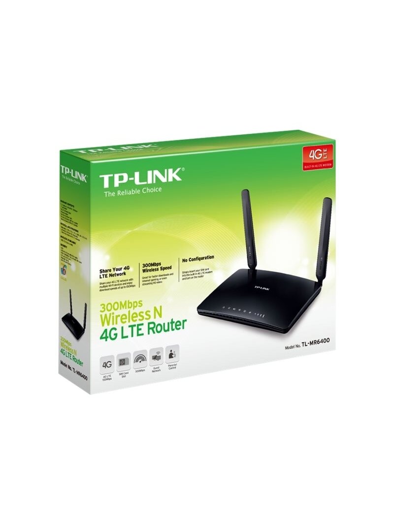 4G LTE Router | TL-MR6400 | 802.11n | 300 Mbit/s | 10/100 Mbit/s | Ethernet LAN (RJ-45) ports 3 | Mesh Support No | MU-MiMO No | 4G | Antenna type 2xExternal | No USB 3 4G LTE Router | TL-MR6400 | 802.11n | 300 Mbit/s | 10/100 Mbit/s | Ethernet LAN (RJ-45) ports 3 | Mesh Support No | MU-MiMO No | 4G | Antenna type 2xExternal | No USB 3