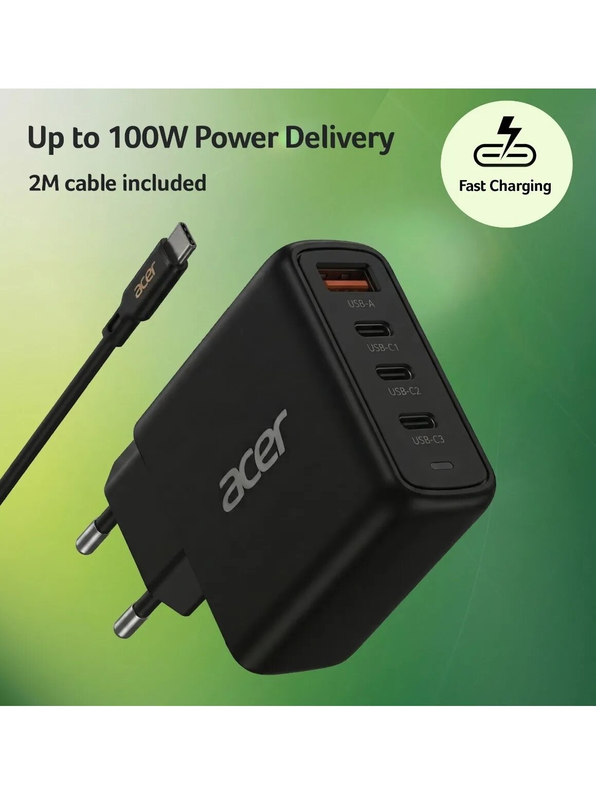 Acer 100W PD GaN Charger, 3 x USB C and 1 x USB A, EU Plug, 100W USB-C cable, Black, Retail Pack 5