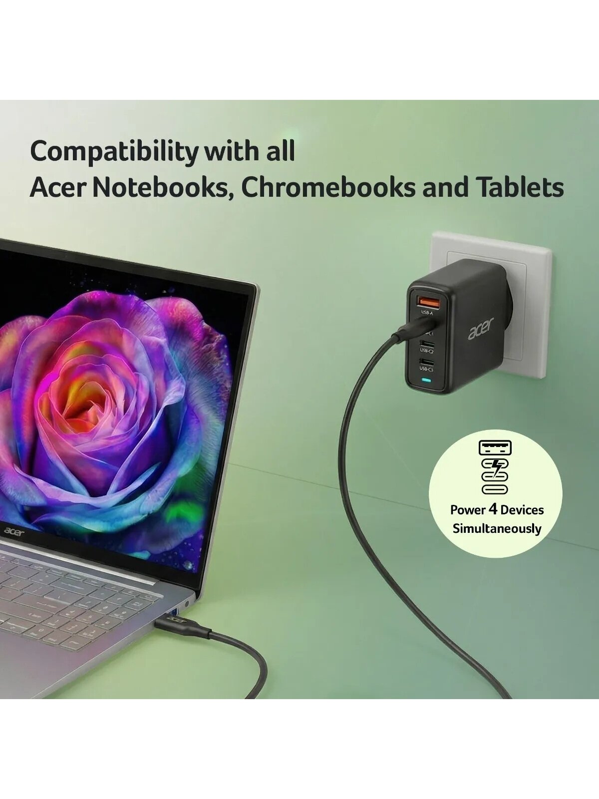 Acer 100W PD GaN Charger, 3 x USB C and 1 x USB A, EU Plug, 100W USB-C cable, Black, Retail Pack 4