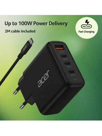Acer 100W PD GaN Charger, 3 x USB C and 1 x USB A, EU Plug, 100W USB-C cable, Black, Retail Pack 5