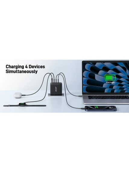 Acer 100W PD GaN Charger, 3 x USB C and 1 x USB A, EU Plug, 100W USB-C cable, Black, Retail Pack 3