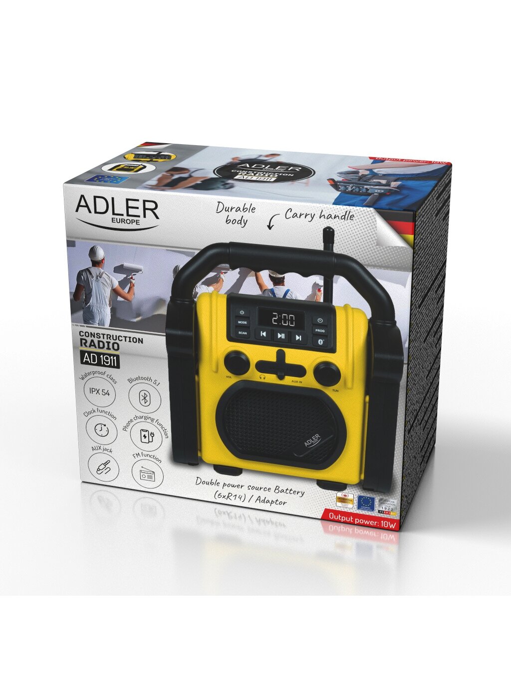 Adler | Construction radio with Bluetooth | AD 1911 | AUX in | Black/Yellow 2 Adler | Construction radio with Bluetooth | AD 1911 | AUX in | Black/Yellow 2
