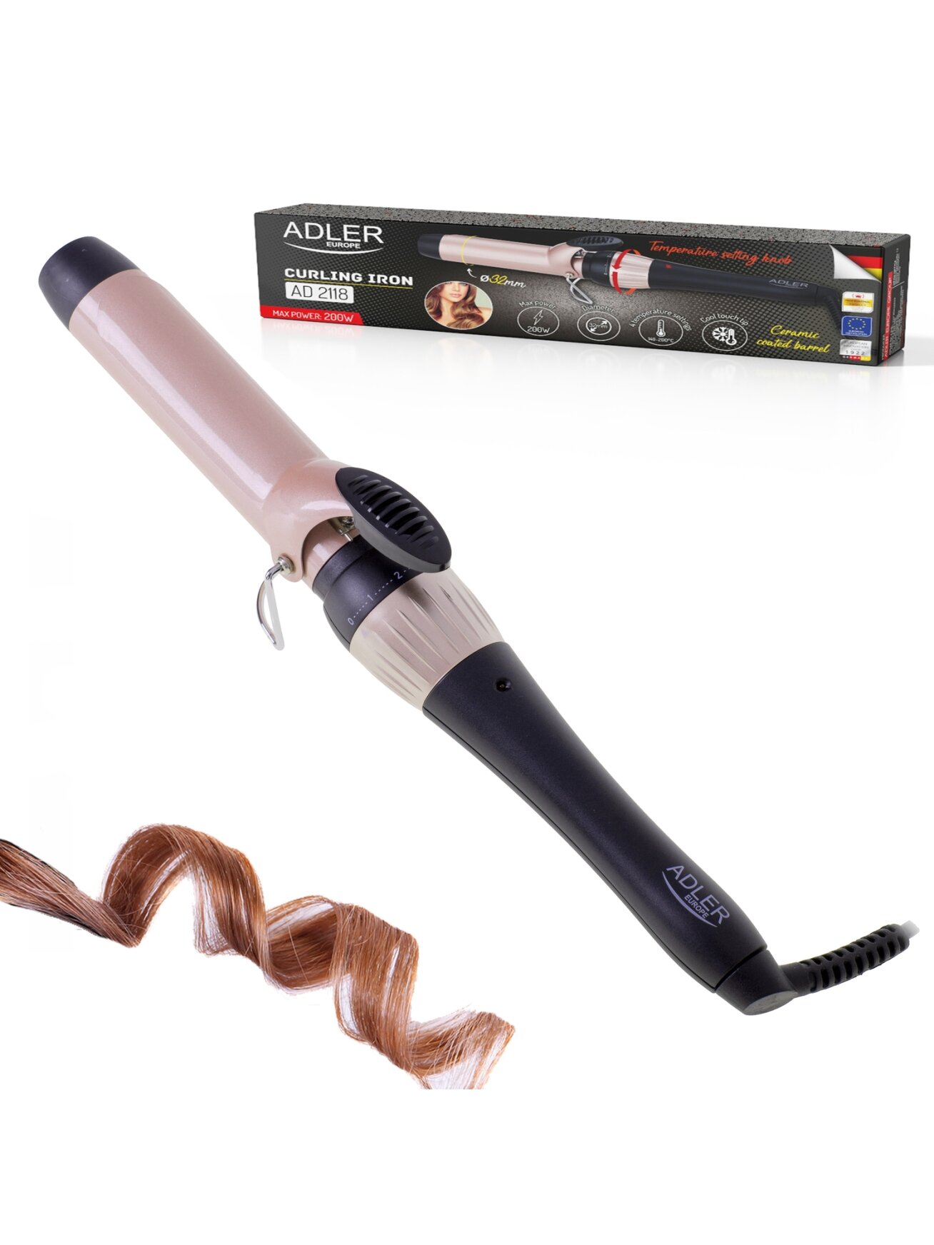 Adler | Curling Iron | AD 2118 | Ceramic heating system | Barrel diameter 32 mm | Temperature (max) 200 °C | 56 W | Black/Pink 3