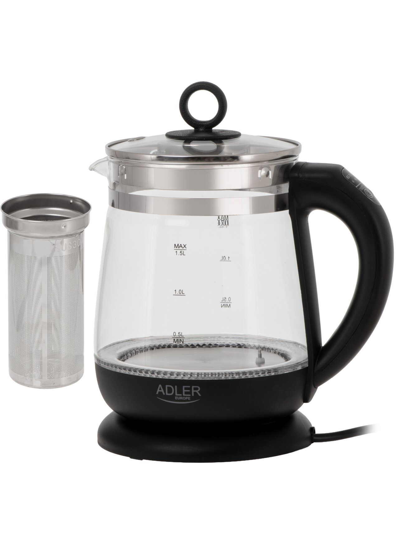 Adler Kettle | AD 1299 | Electric | 2200 W | 1.5 L | Glass | 360° rotational base | Black 6 Adler Kettle | AD 1299 | Electric | 2200 W | 1.5 L | Glass | 360° rotational base | Black 6