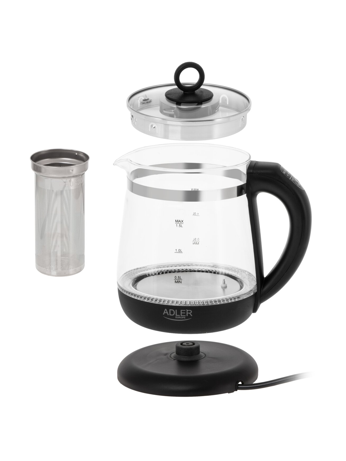 Adler Kettle | AD 1299 | Electric | 2200 W | 1.5 L | Glass | 360° rotational base | Black 7