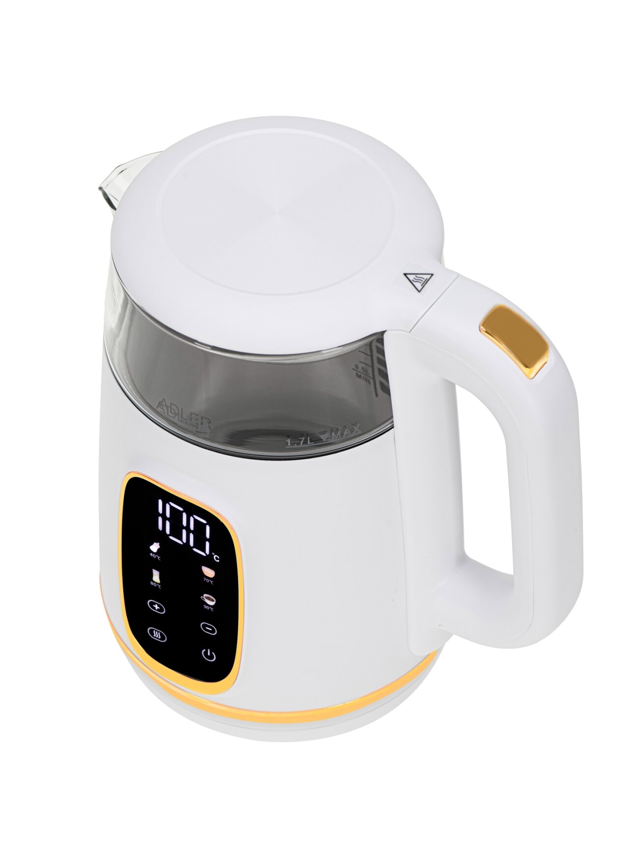 Adler Kettle with LED Display | AD 1305 | Electric | 2200 W | 1.7 L | Plastic | 360° rotational base | White/Gold 2 Adler Kettle with LED Display | AD 1305 | Electric | 2200 W | 1.7 L | Plastic | 360° rotational base | White/Gold 2