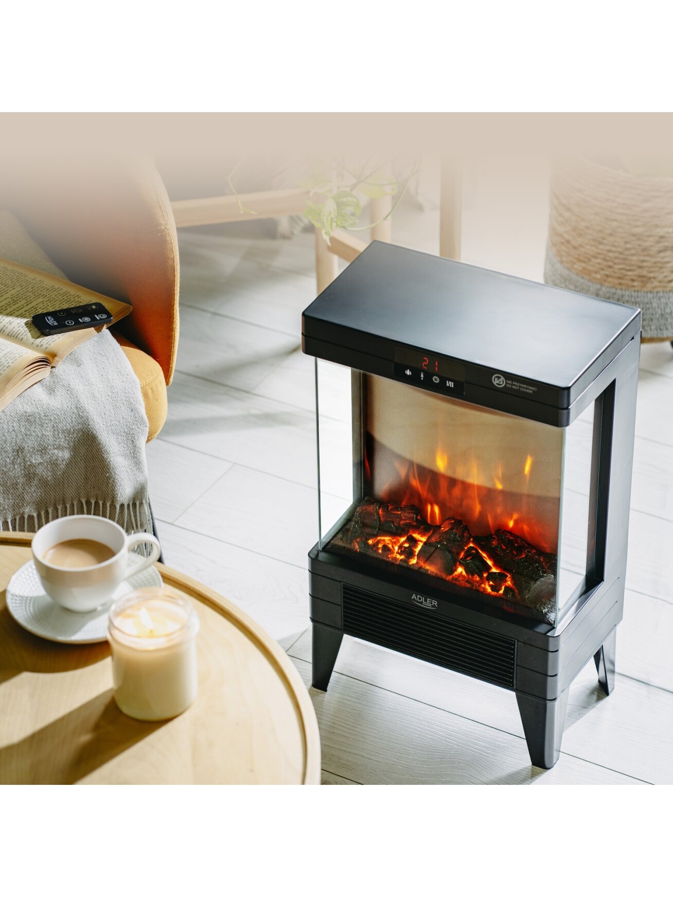 Adler LED electric fireplace with remote control | AD 7755 | Ceramic Heater | 2000 W | Number of power levels 2 | Black 12