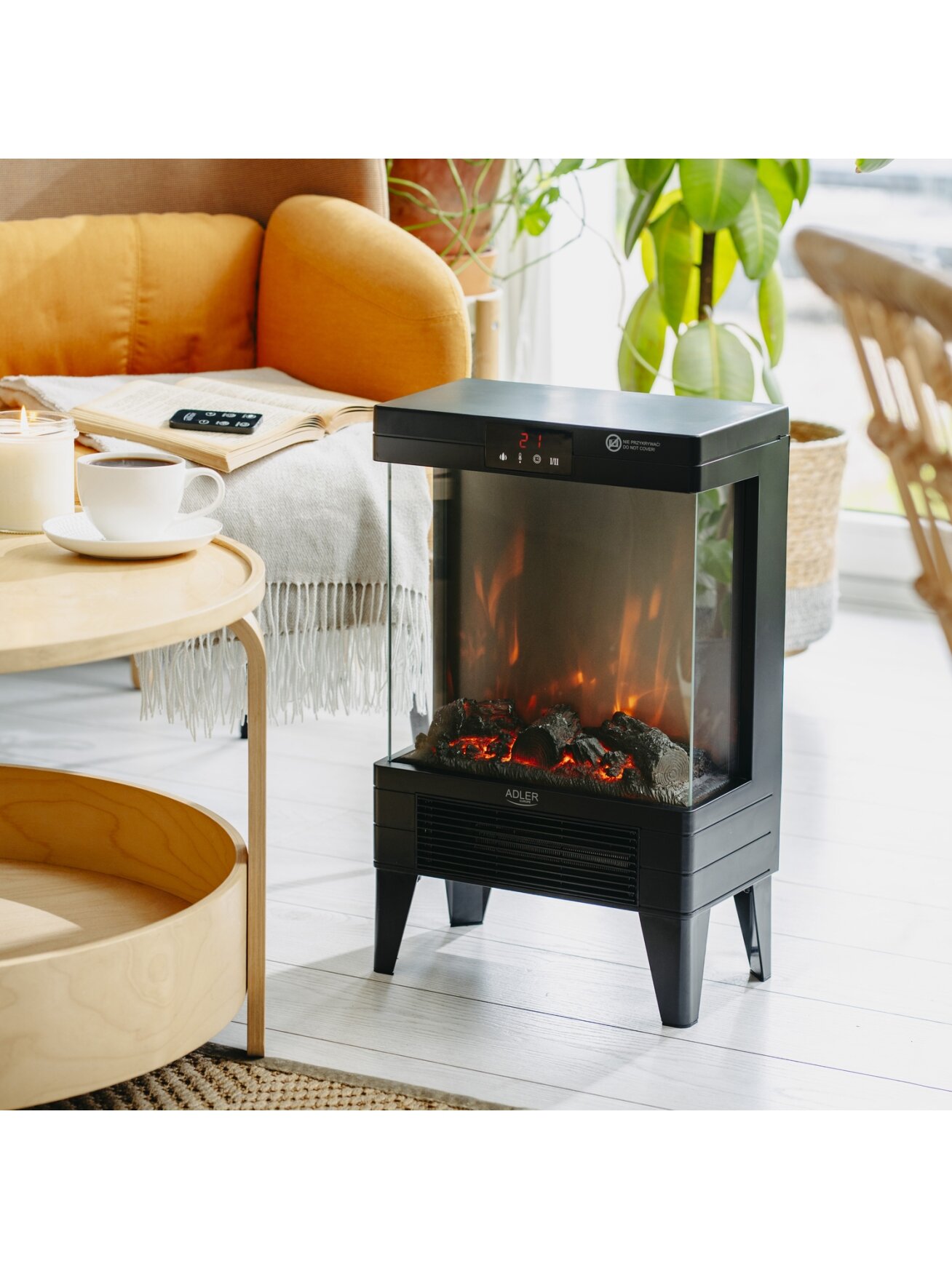 Adler LED electric fireplace with remote control | AD 7755 | Ceramic Heater | 2000 W | Number of power levels 2 | Black 9