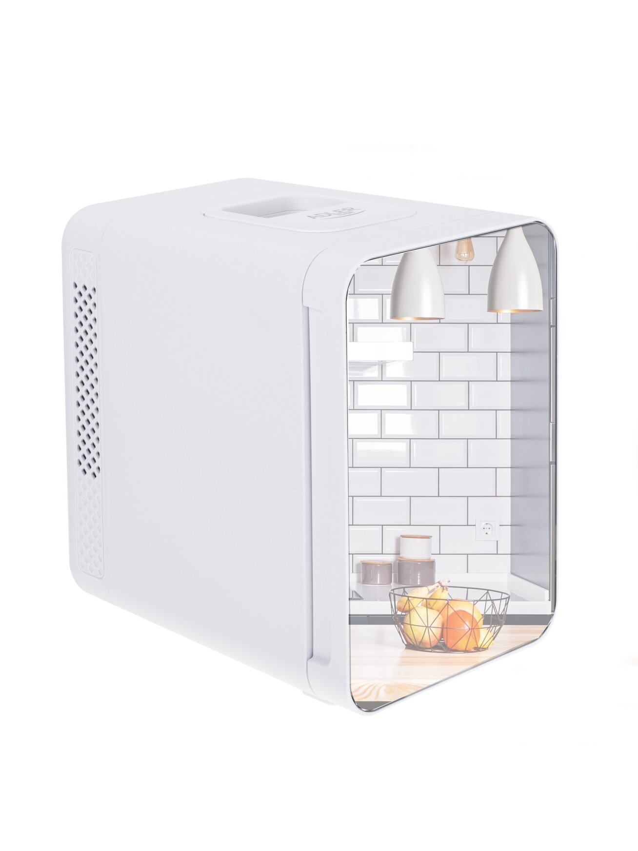 Adler | Mini refrigerator with mirror | AD 8085 | Free standing | Larder | Height 27 cm | Fridge net capacity 4 L | White 1 Adler | Mini refrigerator with mirror | AD 8085 | Free standing | Larder | Height 27 cm | Fridge net capacity 4 L | White 1