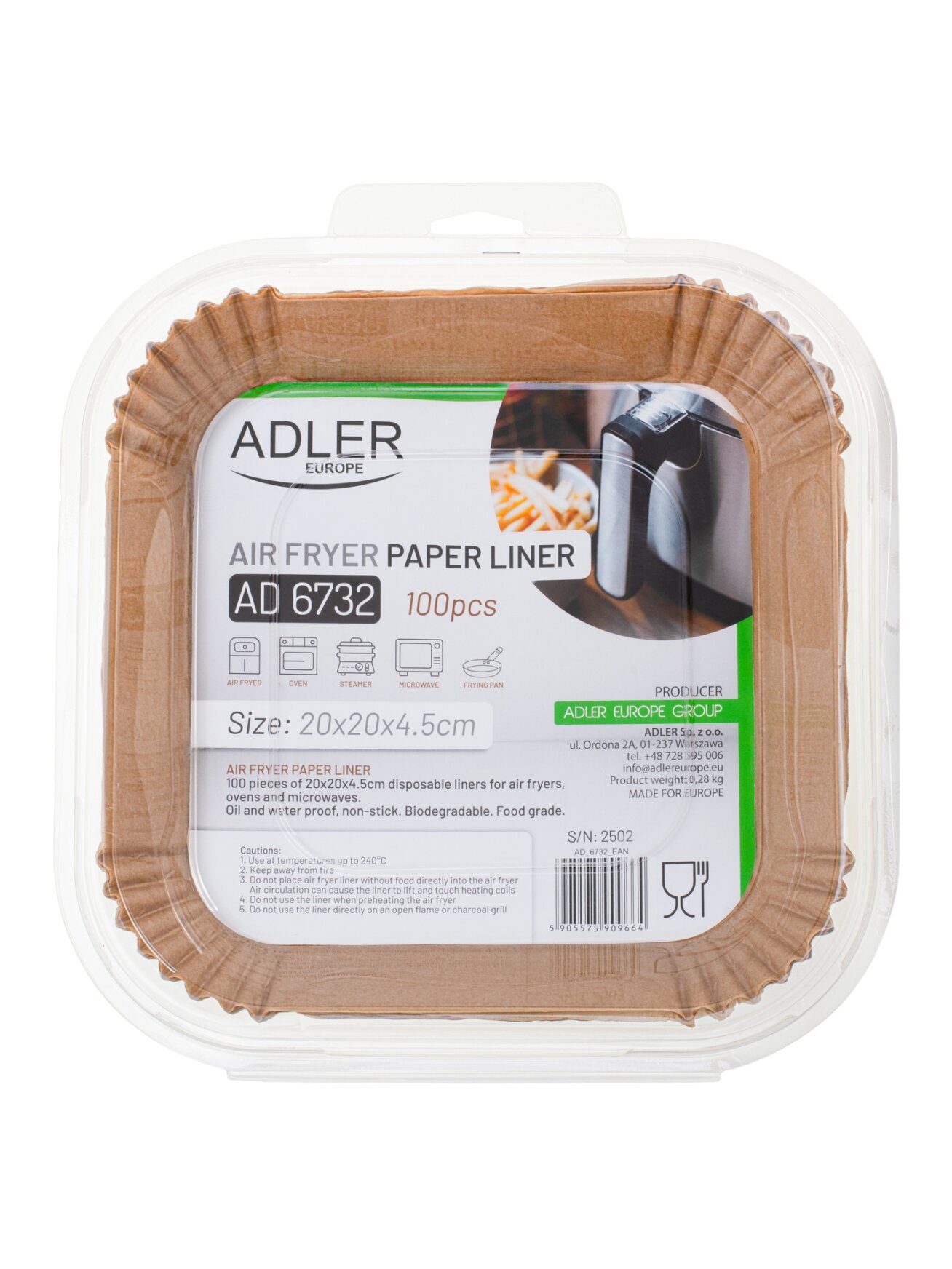 Adler Paper Liners for Air Fryer | AD 6732 | 100 | Dimensions (W x L) 20 x 20 x 4.5 cm 7 Adler Paper Liners for Air Fryer | AD 6732 | 100 | Dimensions (W x L) 20 x 20 x 4.5 cm 7