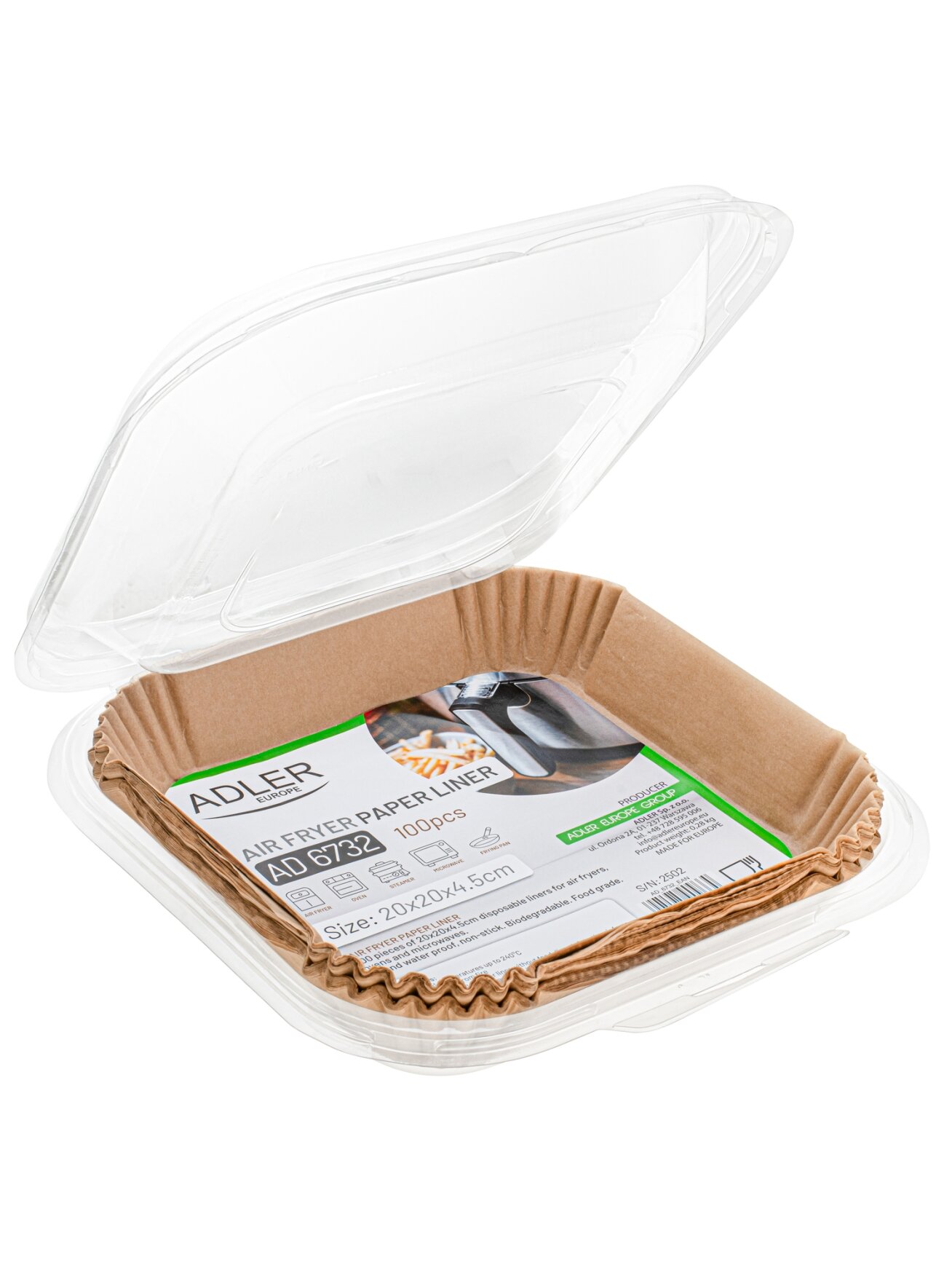 Adler Paper Liners for Air Fryer | AD 6732 | 100 | Dimensions (W x L) 20 x 20 x 4.5 cm 8 Adler Paper Liners for Air Fryer | AD 6732 | 100 | Dimensions (W x L) 20 x 20 x 4.5 cm 8