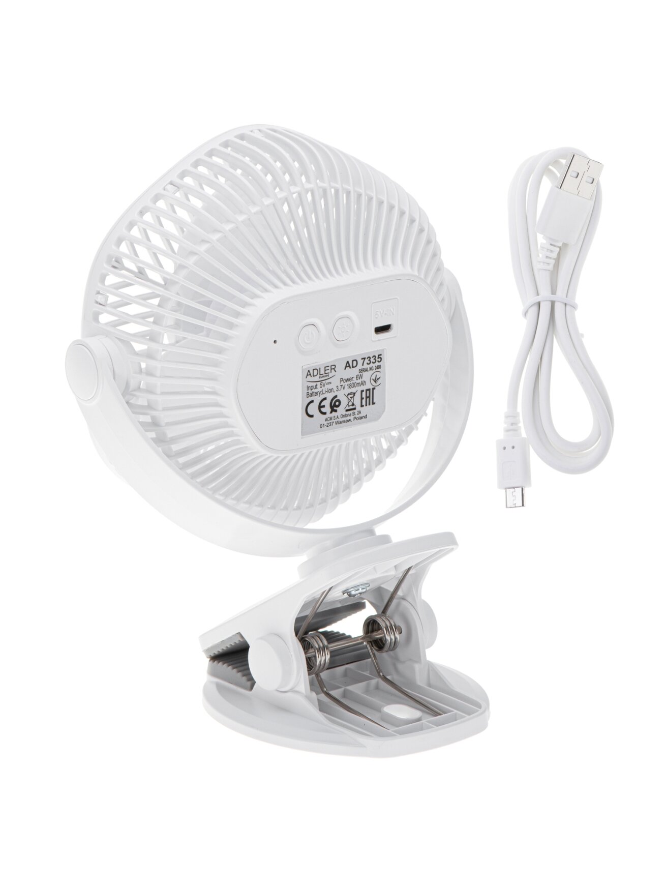 Adler Rechargeable fan with clip | AD 7335 | Table Fan | 6 W | Diameter 12.7 cm | Number of speeds 3 | Oscillation | White 3
