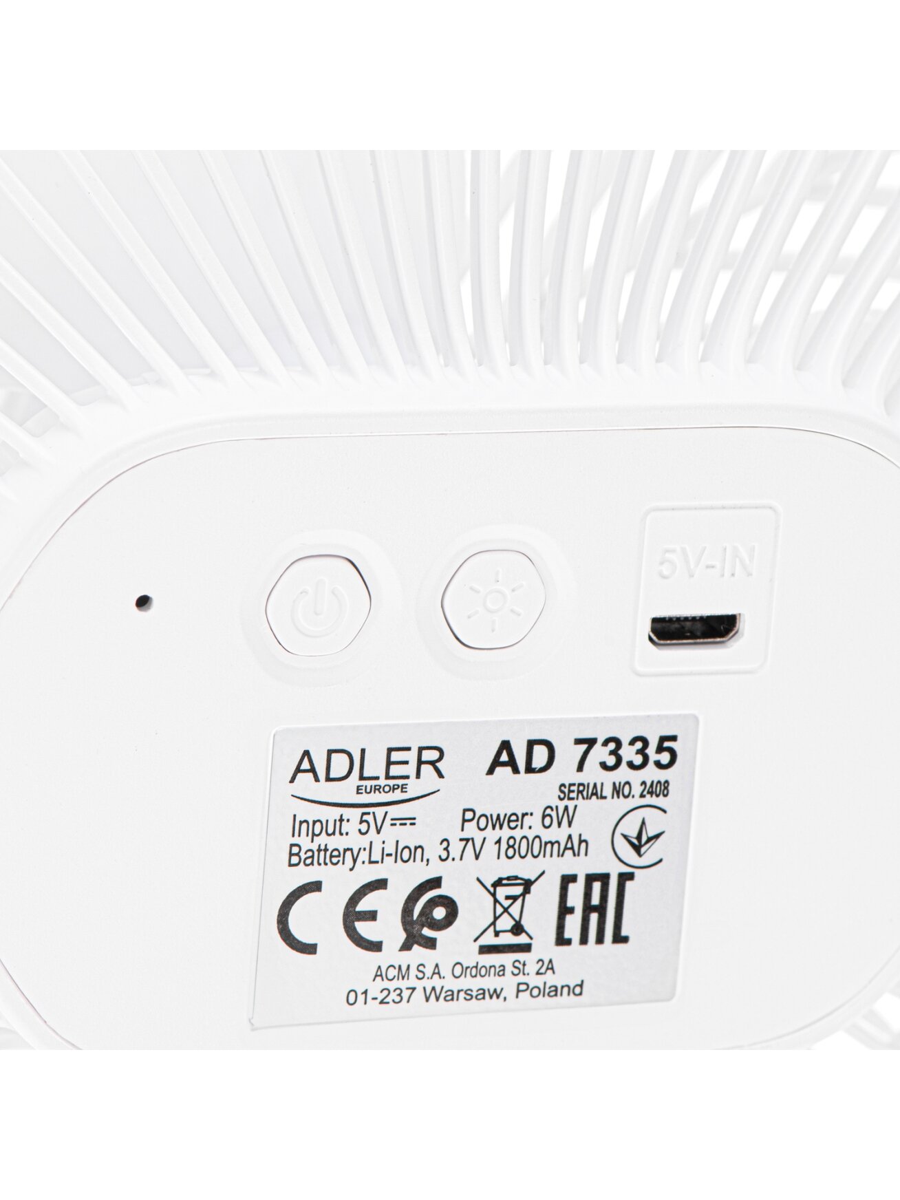 Adler Rechargeable fan with clip | AD 7335 | Table Fan | 6 W | Diameter 12.7 cm | Number of speeds 3 | Oscillation | White 4