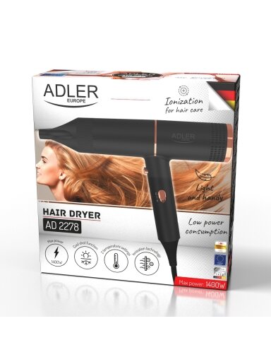 Adler Hair Dryer | AD 2278 | 1400 W | Number of temperature settings 2 | Ionic function | Black