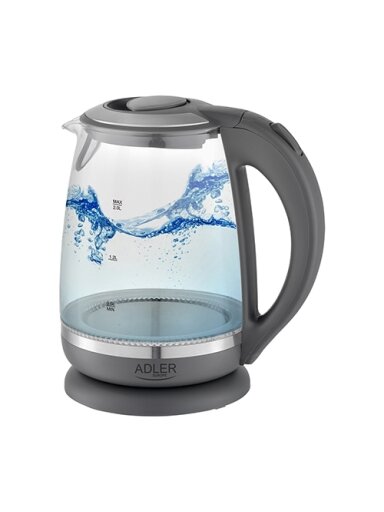 Adler | Kettle | AD 1286 | Standard | 2200 W | 2 L | Plastic/Glass | 360° rotational base | Grey/ transparent