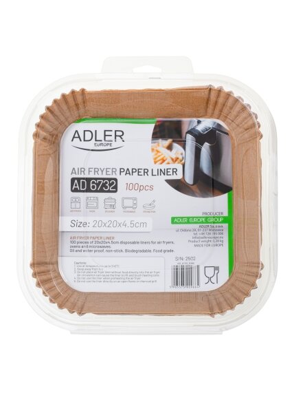 Adler Paper Liners for Air Fryer | AD 6732 | 100 | Dimensions (W x L) 20 x 20 x 4.5 cm 7 Adler Paper Liners for Air Fryer | AD 6732 | 100 | Dimensions (W x L) 20 x 20 x 4.5 cm 7