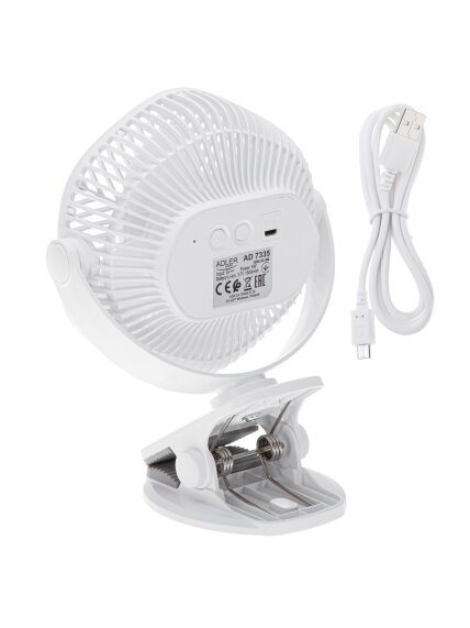 Adler Rechargeable fan with clip | AD 7335 | Table Fan | 6 W | Diameter 12.7 cm | Number of speeds 3 | Oscillation | White 3