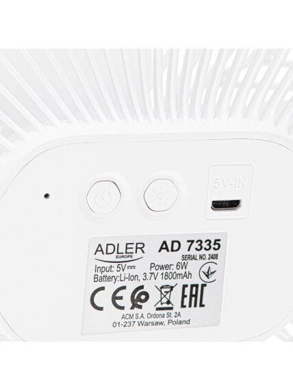 Adler Rechargeable fan with clip | AD 7335 | Table Fan | 6 W | Diameter 12.7 cm | Number of speeds 3 | Oscillation | White 4