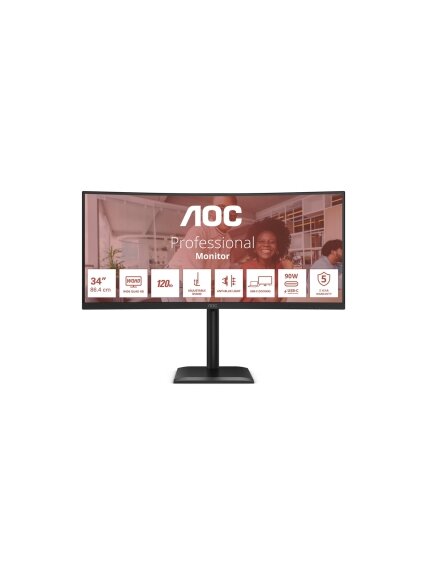 AOC CU34E4CV | 34 " | VA | 21:9 | 120 Hz | 4 ms | 3440 x 1440 pixels | HDMI ports quantity 2 | Black AOC CU34E4CV | 34 " | VA | 21:9 | 120 Hz | 4 ms | 3440 x 1440 pixels | HDMI ports quantity 2 | Black