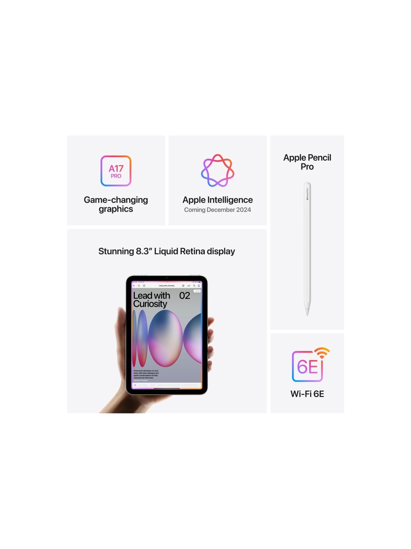 Apple | iPad mini | 8.3 " | Blue | IPS | 2266 x 1488 pixels | Apple A17 Pro | 512 GB | Wi-Fi | Front camera | 12 MP | Rear camera | 12 MP | Bluetooth | 5.3 | iPadOS | USB-C charging cable 6 Apple | iPad mini | 8.3 " | Blue | IPS | 2266 x 1488 pixels | Apple A17 Pro | 512 GB | Wi-Fi | Front camera | 12 MP | Rear camera | 12 MP | Bluetooth | 5.3 | iPadOS | USB-C charging cable 6