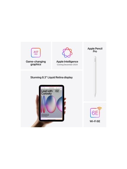 Apple | iPad mini | 8.3 " | Space Gray | IPS | 2266 x 1488 pixels | Apple A17 Pro | 128 GB | Wi-Fi | Front camera | 12 MP | Rear camera | 12 MP | Bluetooth | 5.3 | iPadOS | USB-C charging cable 5 Apple | iPad mini | 8.3 " | Space Gray | IPS | 2266 x 1488 pixels | Apple A17 Pro | 128 GB | Wi-Fi | Front camera | 12 MP | Rear camera | 12 MP | Bluetooth | 5.3 | iPadOS | USB-C charging cable 5