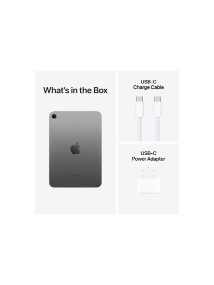 Apple | iPad mini | 8.3 " | Space Gray | IPS | 2266 x 1488 pixels | Apple A17 Pro | 128 GB | Wi-Fi | Front camera | 12 MP | Rear camera | 12 MP | Bluetooth | 5.3 | iPadOS | USB-C charging cable 6 Apple | iPad mini | 8.3 " | Space Gray | IPS | 2266 x 1488 pixels | Apple A17 Pro | 128 GB | Wi-Fi | Front camera | 12 MP | Rear camera | 12 MP | Bluetooth | 5.3 | iPadOS | USB-C charging cable 6