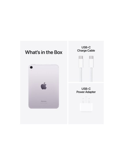 Apple | iPad mini Wi-Fi + Cellular | 8.3 " | Purple | IPS | 2266 x 1488 pixels | Apple A17 Pro | 256 GB | 3G | 4G | 5G | Wi-Fi | Front camera | 12 MP | Rear camera | 12 MP | Bluetooth | 5.3 | iPadOS | USB-C charging cable 7 Apple | iPad mini Wi-Fi + Cellular | 8.3 " | Purple | IPS | 2266 x 1488 pixels | Apple A17 Pro | 256 GB | 3G | 4G | 5G | Wi-Fi | Front camera | 12 MP | Rear camera | 12 MP | Bluetooth | 5.3 | iPadOS | USB-C charging cable 7