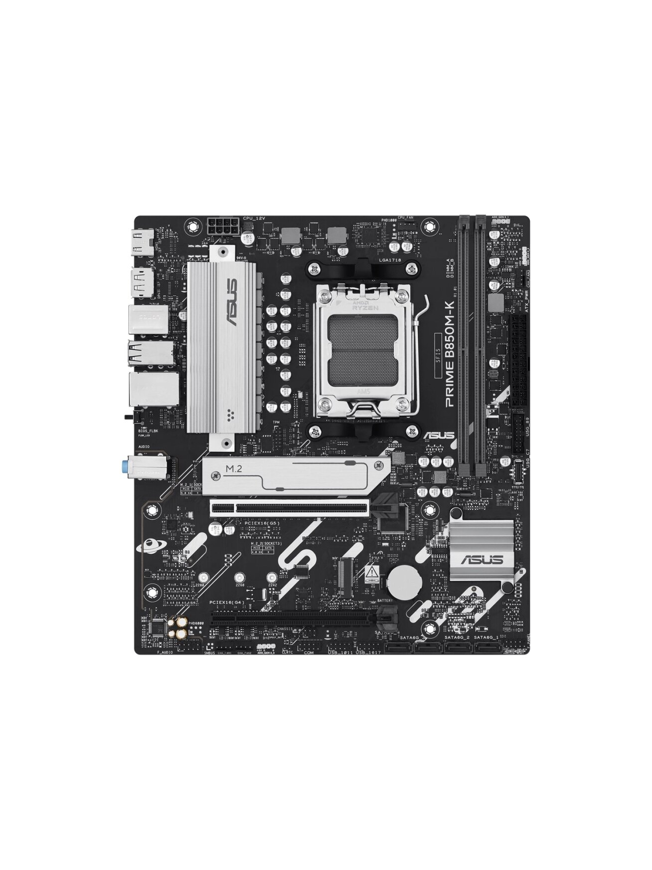 Asus PRIME B850M-K | Processor family AMD | Processor socket AM5 | DDR5 | Supported hard disk drive interfaces SATA, M.2 | Number of SATA connectors 4
