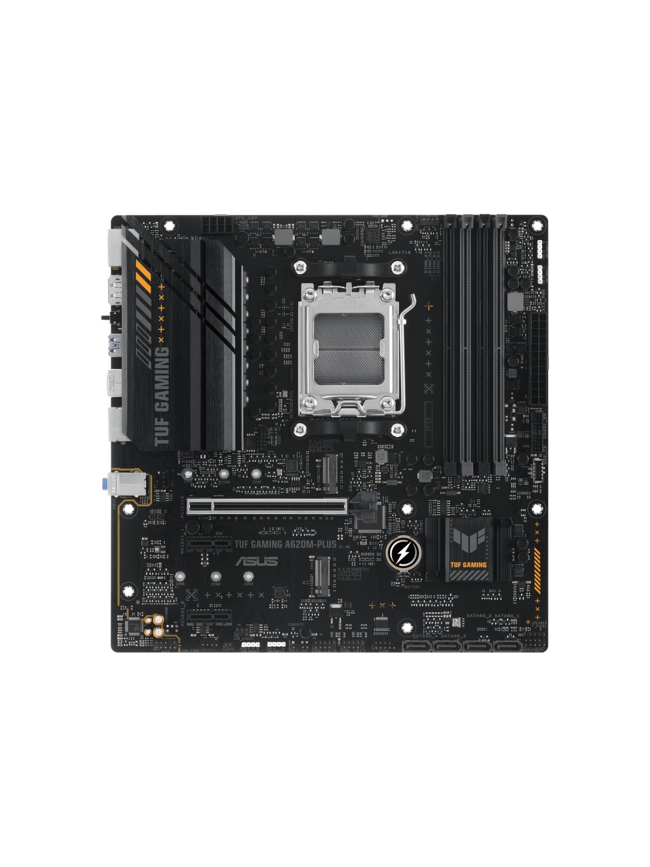Asus | TUF GAMING A620M-PLUS | Processor family AMD | Processor socket AM5 | DDR5 DIMM | Memory slots 4 | Supported hard disk drive interfaces 	SATA, M.2 | Number of SATA connectors 4 | Chipset  AMD A620 | Micro-ATX