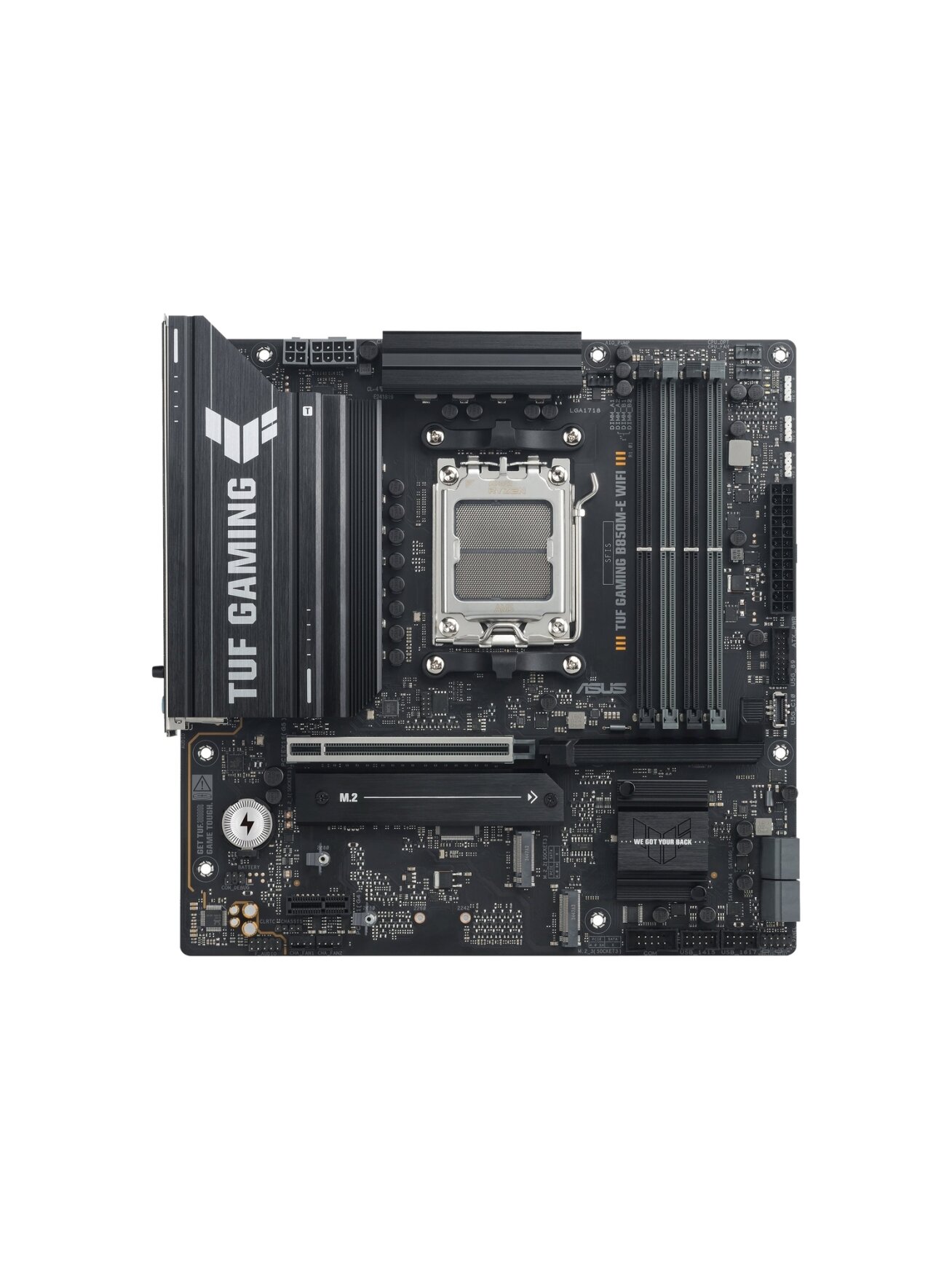 Asus TUF GAMING B850M-E WIFI | Processor family AMD | Processor socket AM5 | DDR5 | Supported hard disk drive interfaces SATA, M.2 | Number of SATA connectors 4