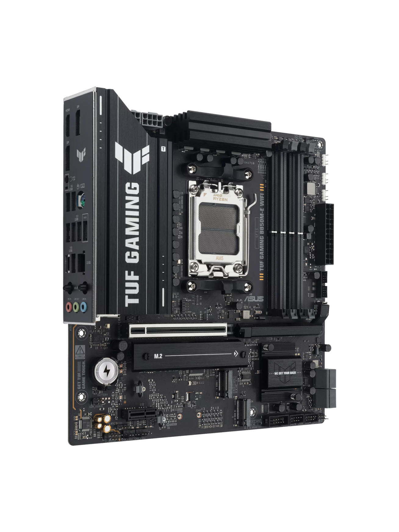 Asus TUF GAMING B850M-E WIFI | Processor family AMD | Processor socket AM5 | DDR5 | Supported hard disk drive interfaces SATA, M.2 | Number of SATA connectors 4 1