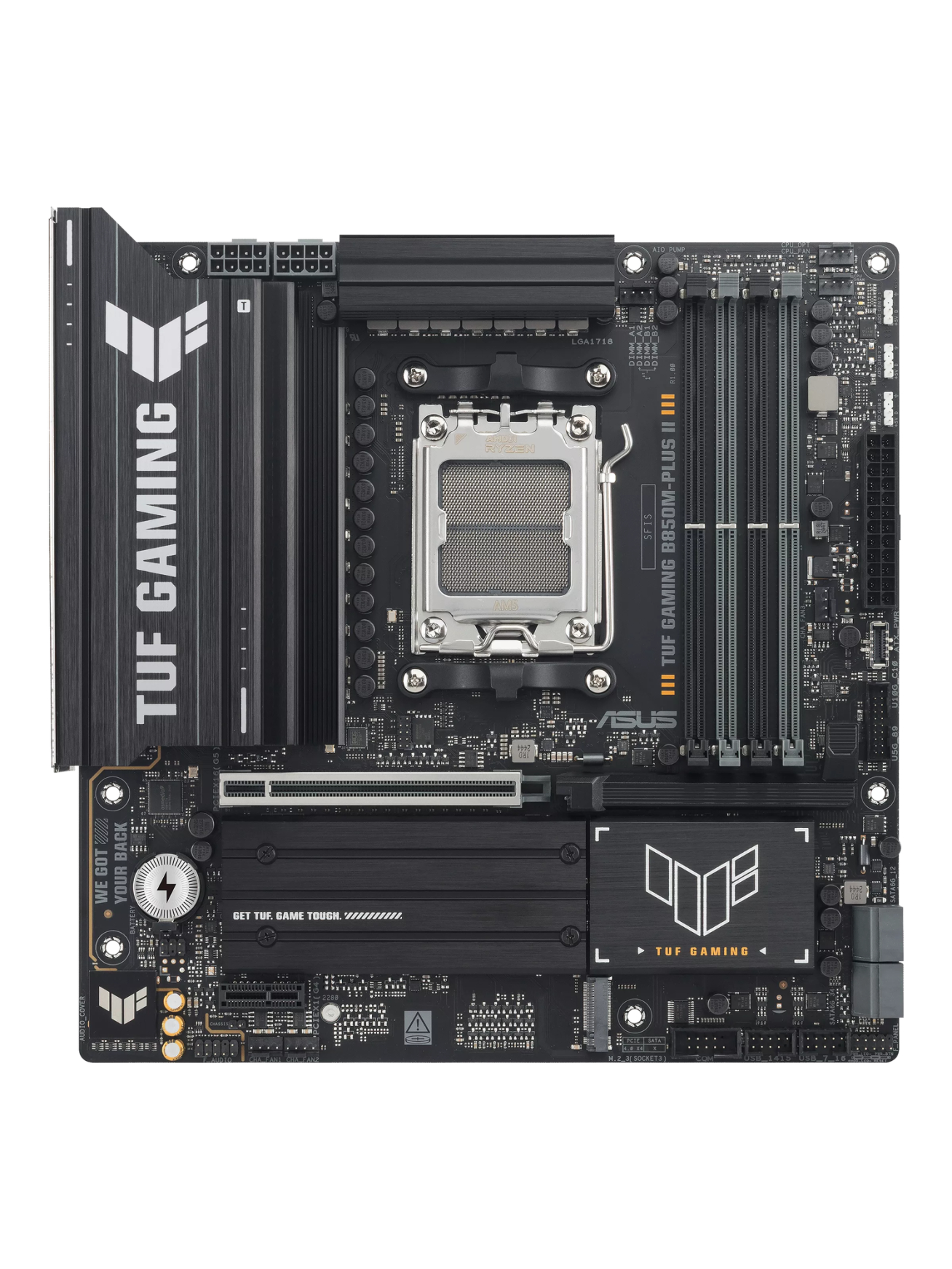 Asus TUF GAMING B850M-PLUS II | Processor family AMD | Processor socket AM5 | DDR5 | Supported hard disk drive interfaces SATA, M.2 | Number of SATA connectors 4