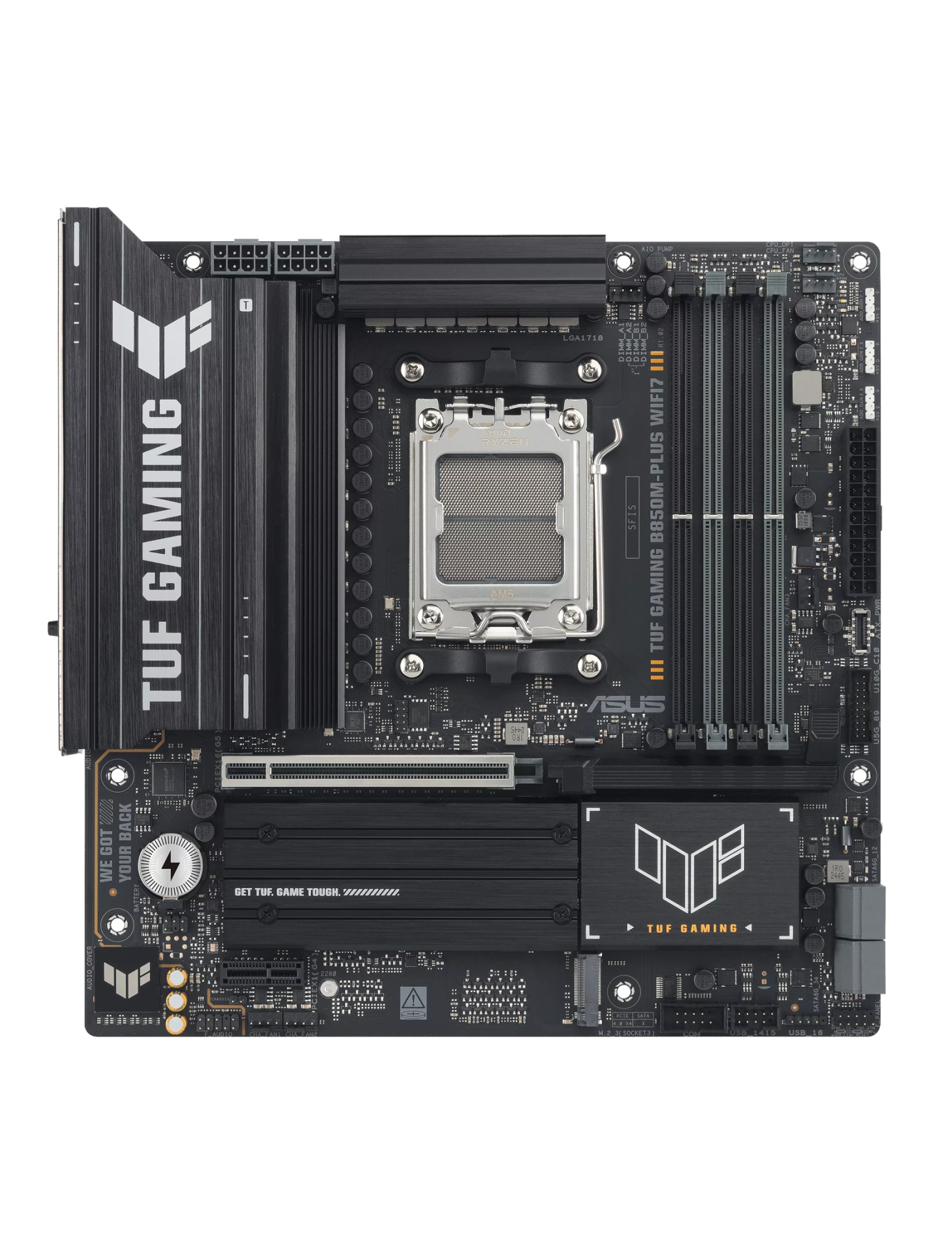 Asus TUF GAMING B850M-PLUS WIFI7 | Processor family AMD | Processor socket AM5 | DDR5 | Supported hard disk drive interfaces SATA, M.2 | Number of SATA connectors 4