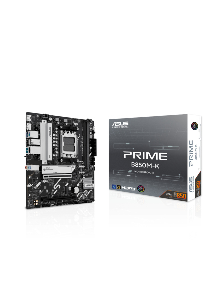Asus PRIME B850M-K | Processor family AMD | Processor socket AM5 | DDR5 | Supported hard disk drive interfaces SATA, M.2 | Number of SATA connectors 4 4