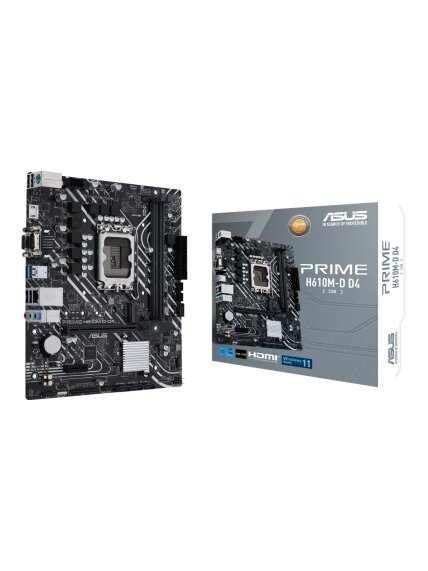 Asus | PRIME H610M-D D4 | Processor family Intel | Processor socket LGA1700 | DDR4 DIMM | Memory slots 2 | Supported hard disk drive interfaces SATA, M.2 | Number of SATA connectors 4 | Chipset Intel H610 | mATX 3 Asus | PRIME H610M-D D4 | Processor family Intel | Processor socket LGA1700 | DDR4 DIMM | Memory slots 2 | Supported hard disk drive interfaces SATA, M.2 | Number of SATA connectors 4 | Chipset Intel H610 | mATX 3