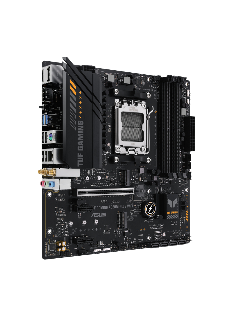 Asus | TUF GAMING A620M-PLUS WIFI | Processor family AMD | Processor socket AM5 | DDR5 DIMM | Memory slots 4 | Supported hard disk drive interfaces 	SATA, M.2 | Number of SATA connectors 4 | Chipset AMD A620 | Micro-ATX 1