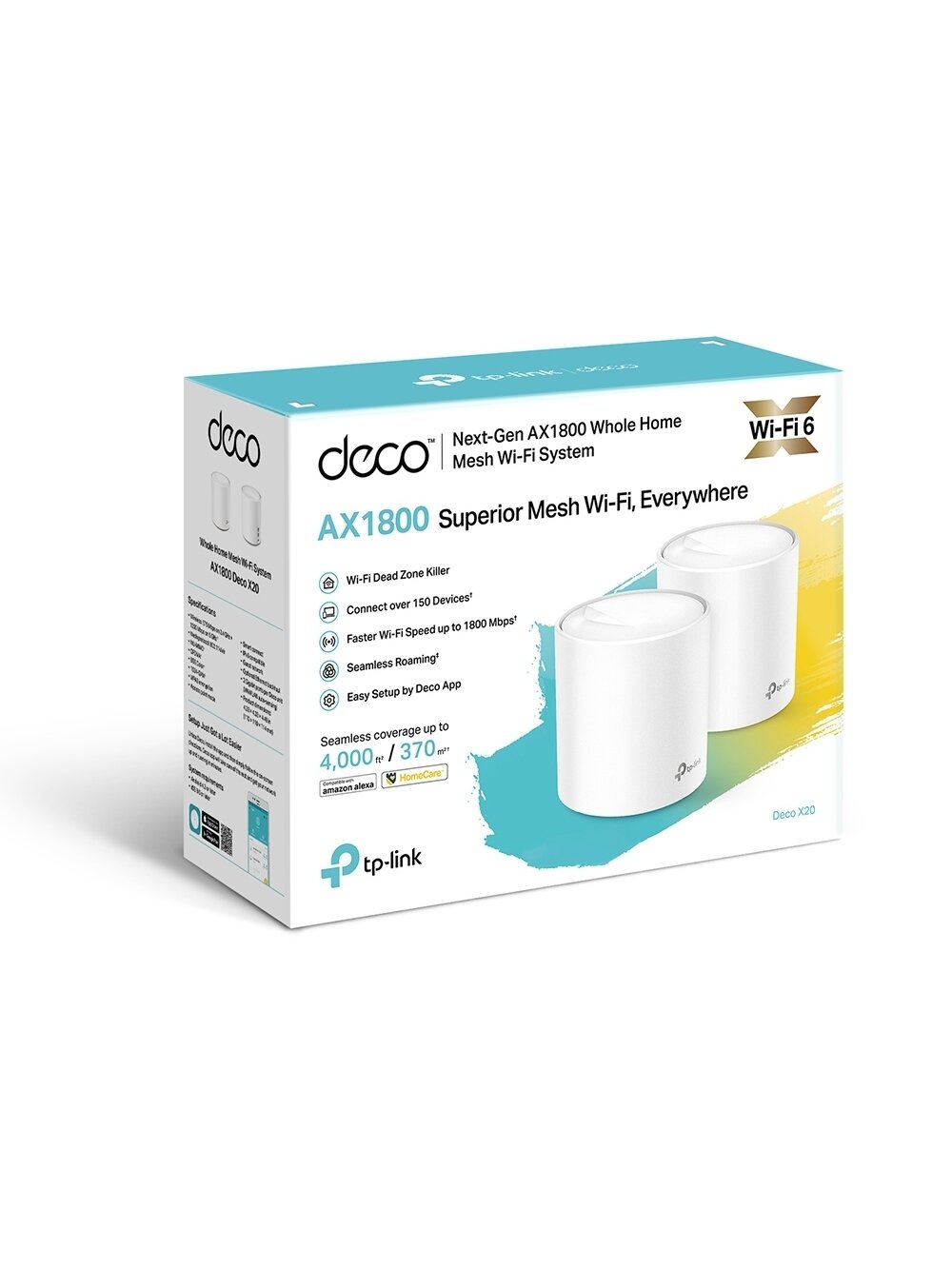 AX1800 Whole Home Mesh Wi-Fi 6 System | Deco X20 (2-pack) | 802.11ax | 1201+574 Mbit/s | 10/100/1000 Mbit/s | Ethernet LAN (RJ-45) ports 2 | Mesh Support Yes | MU-MiMO Yes | No mobile broadband | Antenna type 4xInternal per Deco uni 3