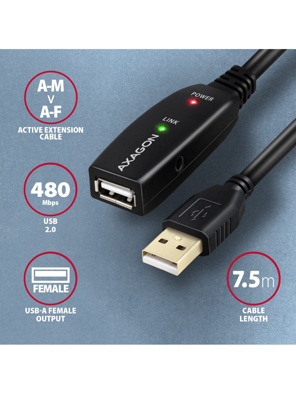 AXAGON | Active extension cable, 7.5 m | ADR-207 | USB Type-A to USB Type-A 2