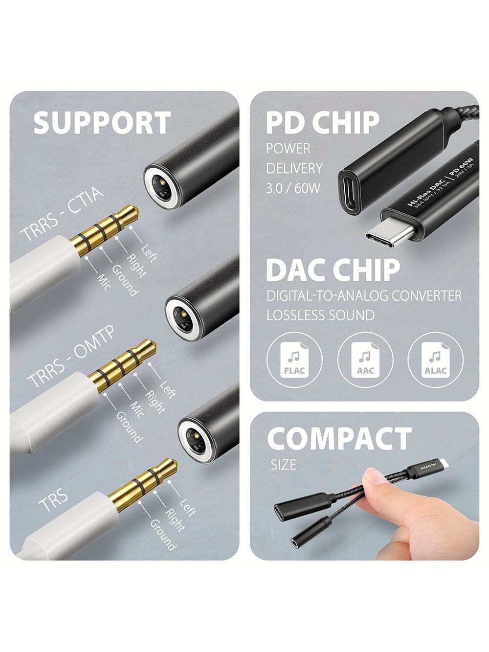 AXAGON | ADA-HCPD USB-C - Hi-Res DAC Audio Adapter PD, 60W 3