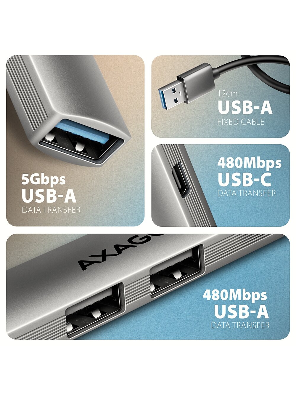 AXAGON ALU STRIP USB-A 4 port hub | HUE-STA 2