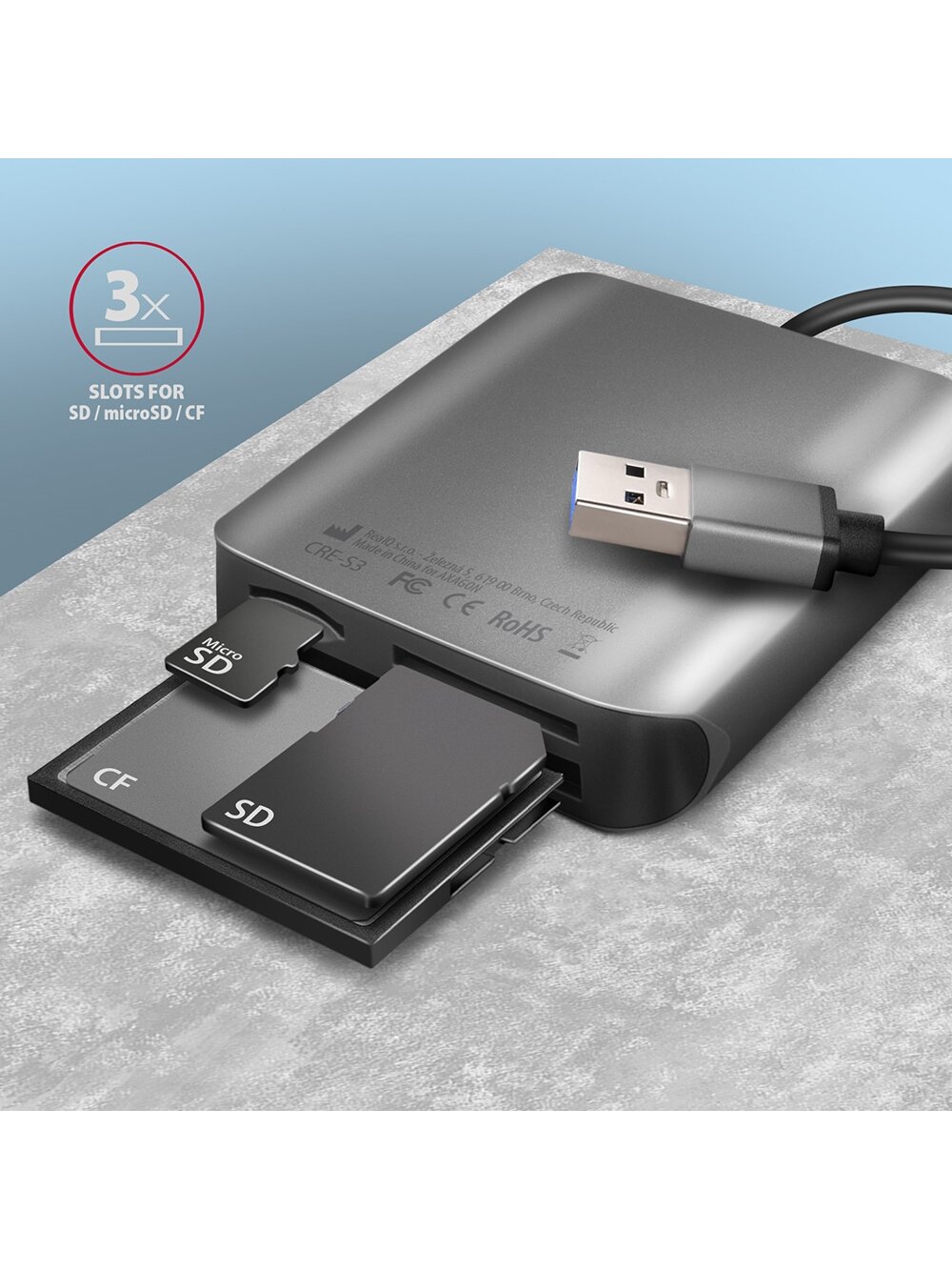 AXAGON Aluminum high-speed USB-A 3.2 Gen 1 memory card reader, 3 slots | CRE-S3 2