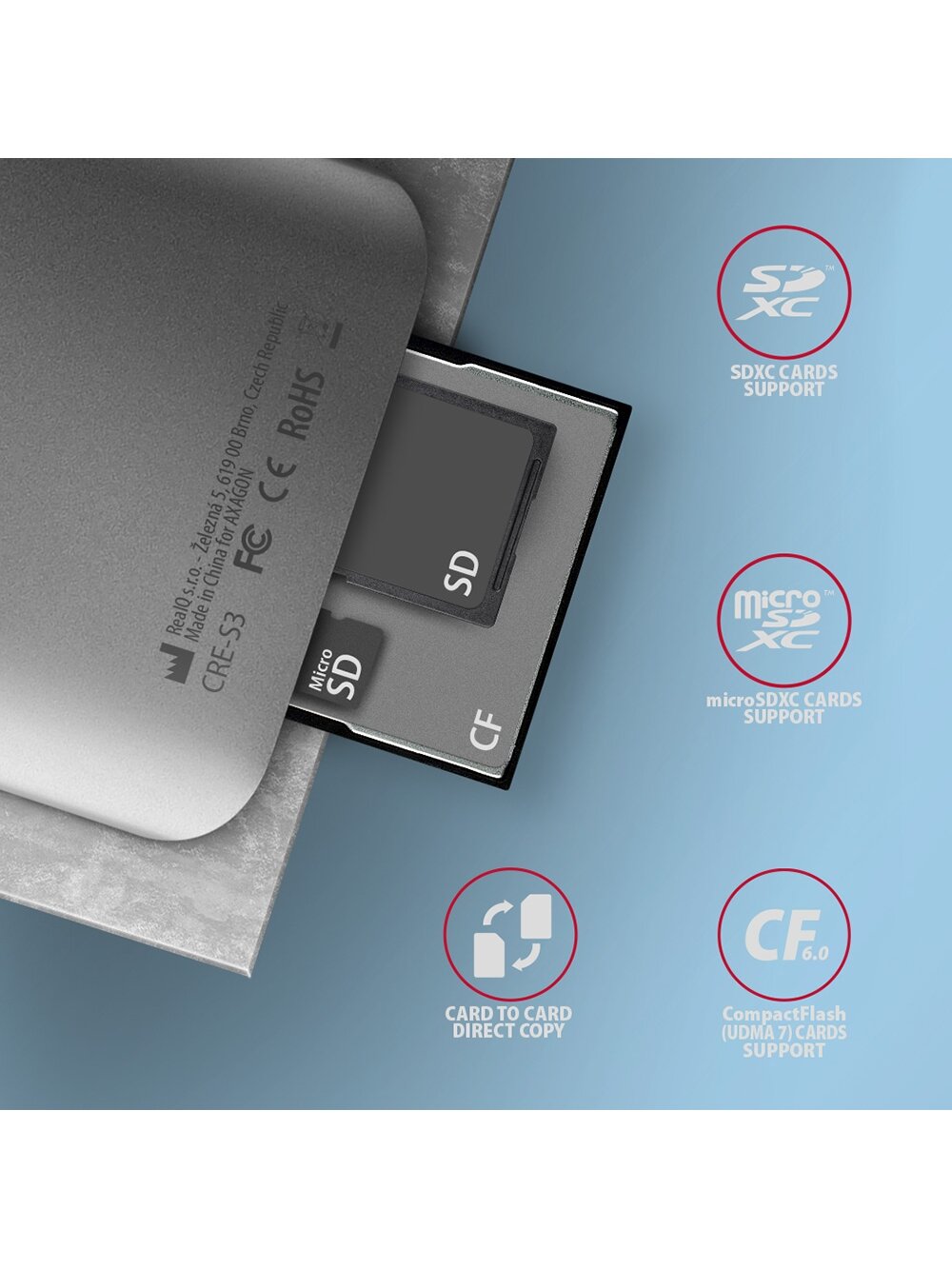 AXAGON Aluminum high-speed USB-A 3.2 Gen 1 memory card reader, 3 slots | CRE-S3 3