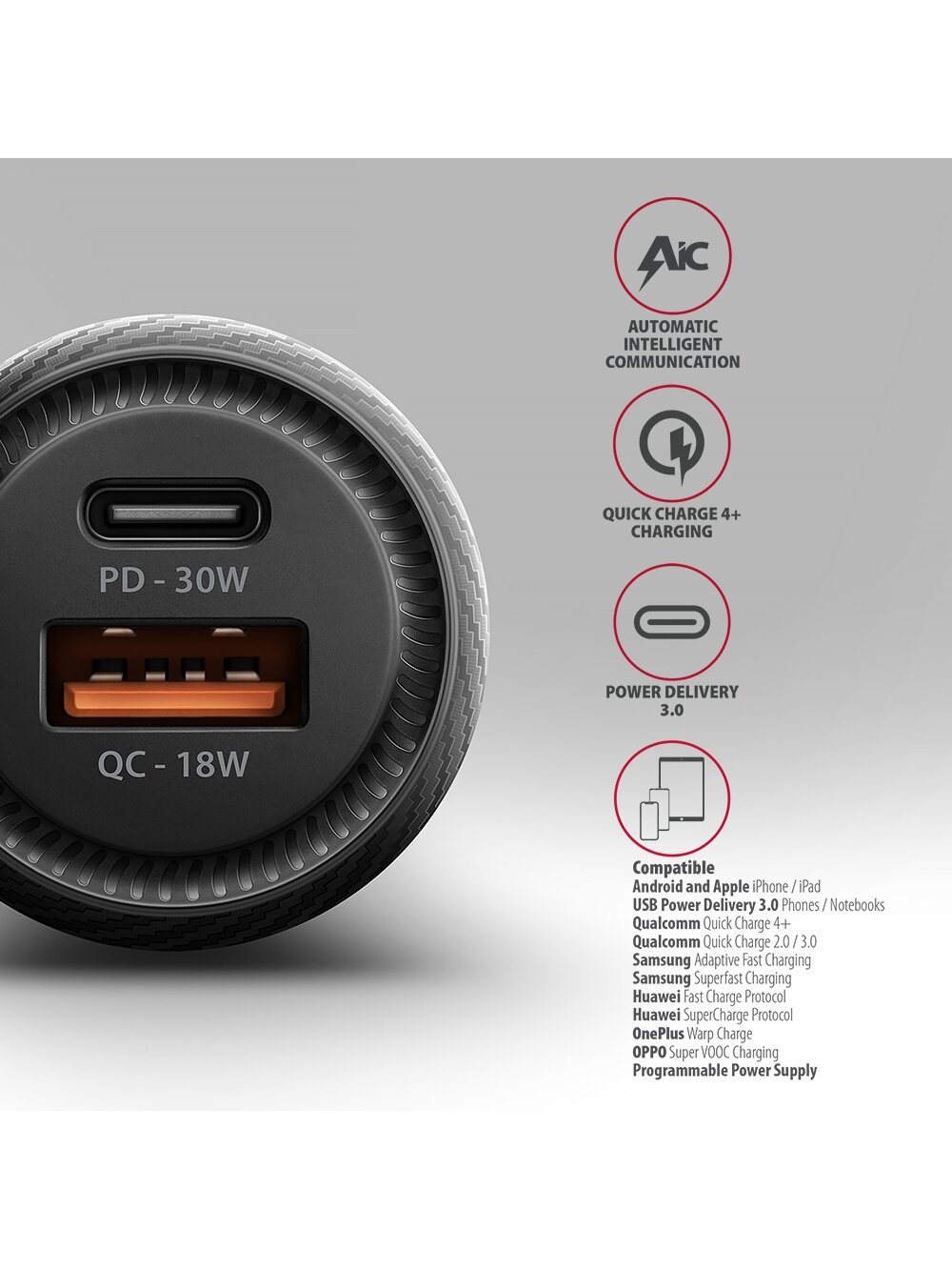 AXAGON Car charger 48W, USB-A + USB-C, PD3.0/PPS/QC4+/SFC | PWC-PQ48 1