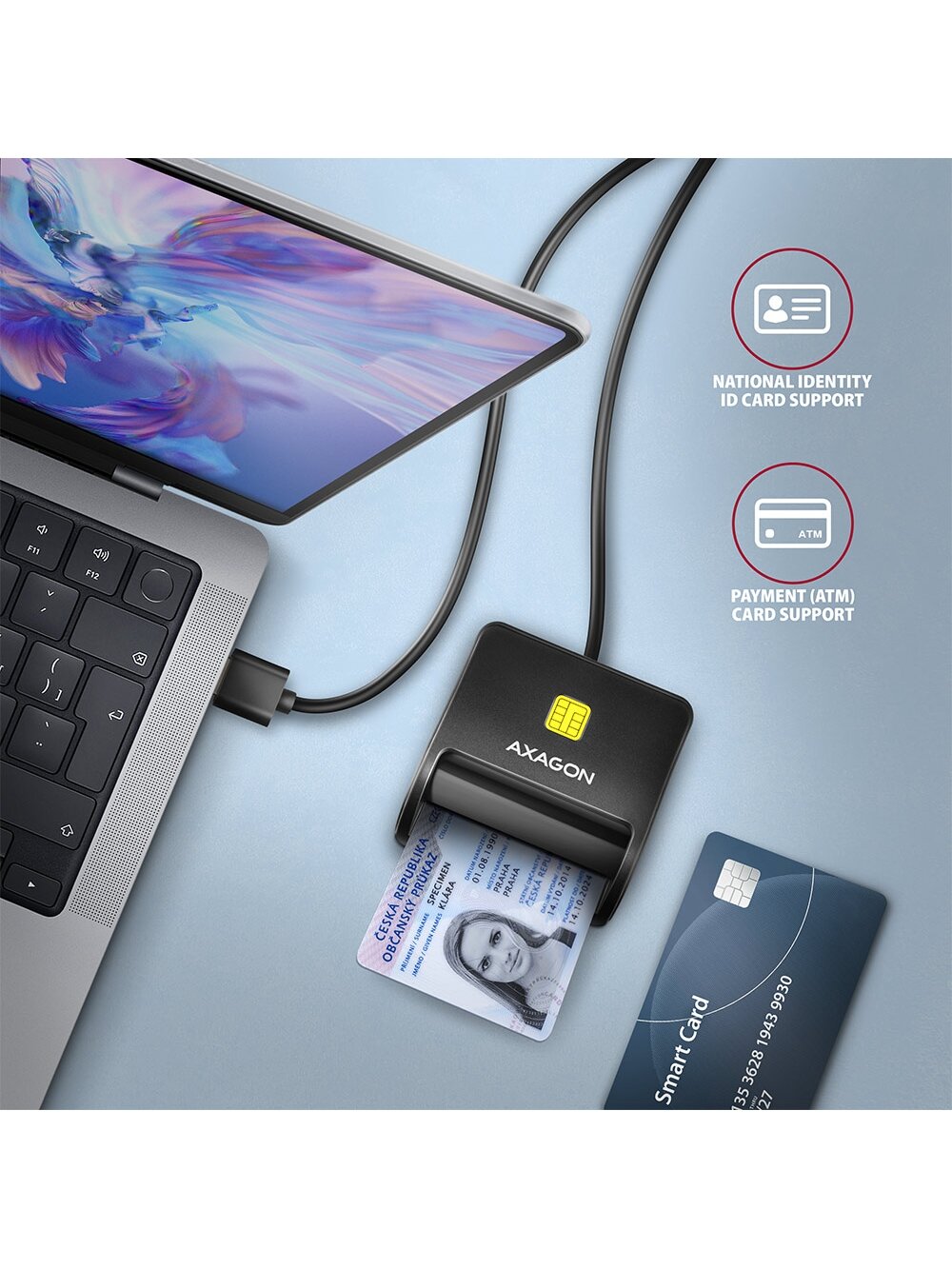 AXAGON Compact desktop USB contact Smart/ID card reader with long, USB-A cable | CRE-SM3N 1