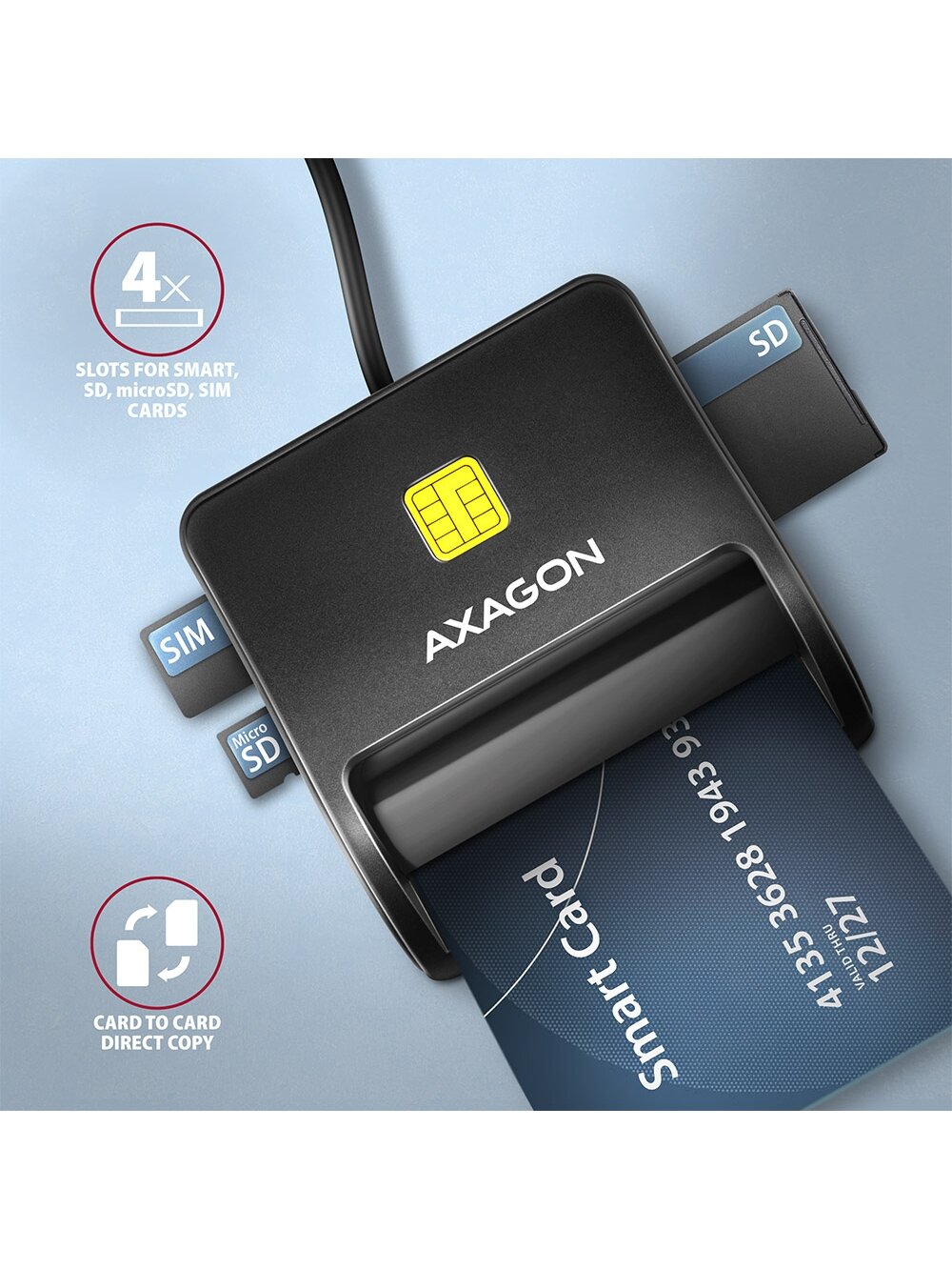 AXAGON Compact desktop USB contact Smart/ID & SD/microSD/SIM card reader with long, USB-A cable | CRE-SM3SD 2 AXAGON Compact desktop USB contact Smart/ID & SD/microSD/SIM card reader with long, USB-A cable | CRE-SM3SD 2