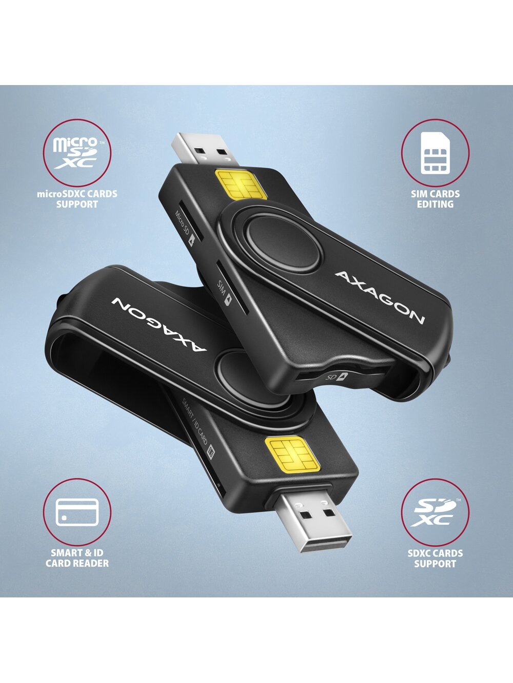 AXAGON Compact travel USB-A + USB-C contact Smart/ID card and SD/microSD/SIM card reader | CRE-SMP2A 1