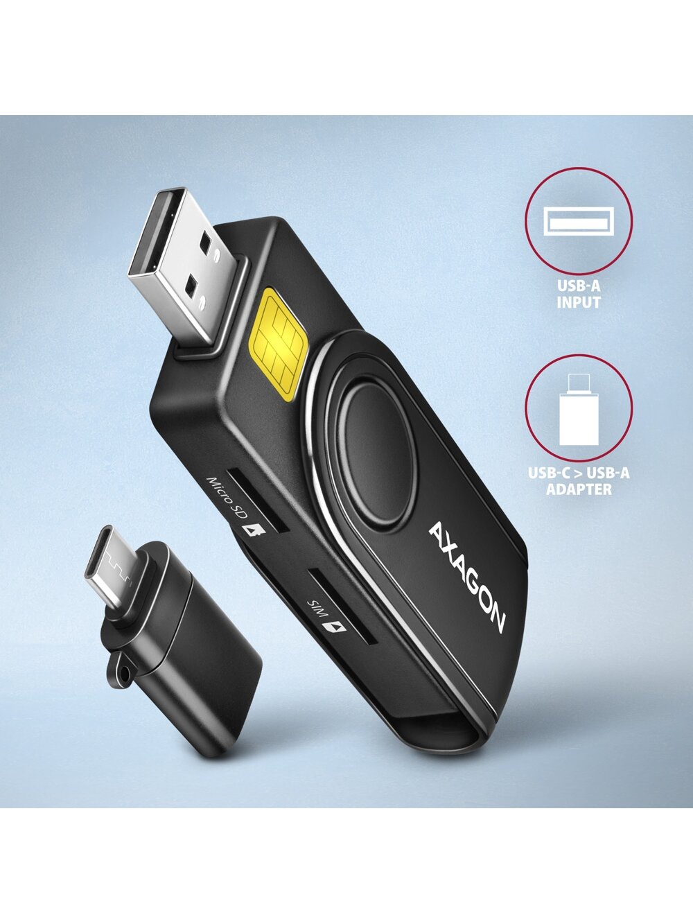 AXAGON Compact travel USB-A + USB-C contact Smart/ID card and SD/microSD/SIM card reader | CRE-SMP2A 5 AXAGON Compact travel USB-A + USB-C contact Smart/ID card and SD/microSD/SIM card reader | CRE-SMP2A 5