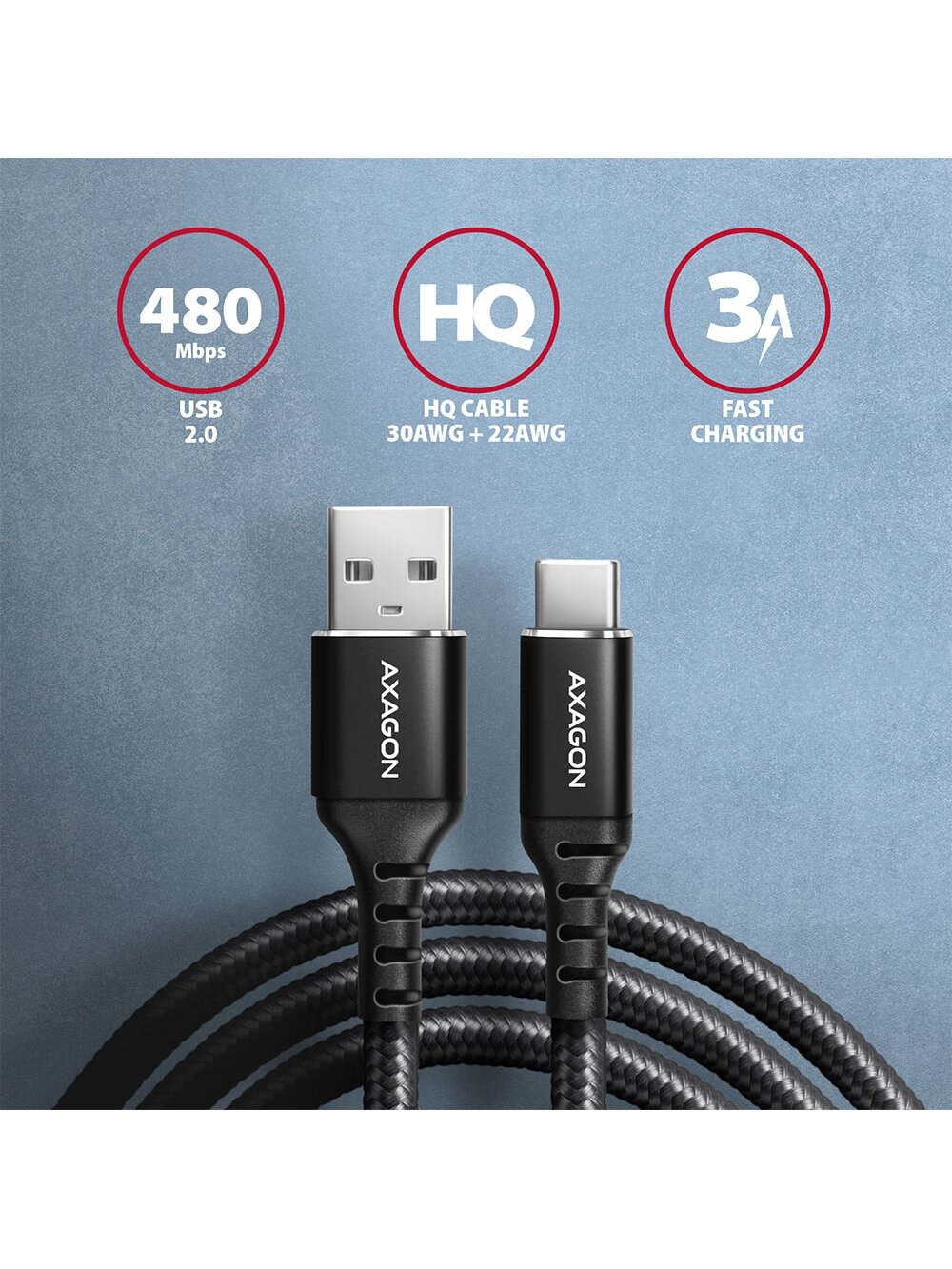 AXAGON | Data and charging USB 2.0 cable, 1 m | BUCM-AM10AB | USB-C to USB-A 1 AXAGON | Data and charging USB 2.0 cable, 1 m | BUCM-AM10AB | USB-C to USB-A 1
