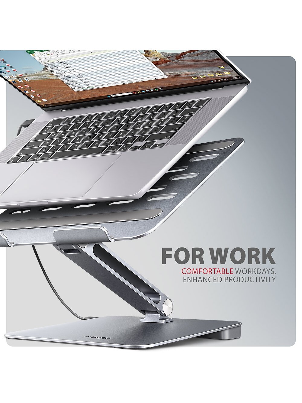 AXAGON Desk Mount | HMC-STND USB-C 5Gbps Stand and Hub 7in1 | Adjustable Height, Tilt | 10-16 " | Aluminum 1
